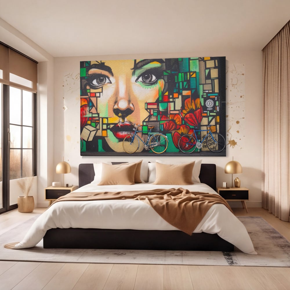 Tablou canvas cu tablou canvas cu graffiti si biciclete, fara rama, pe sasiu de lemn, pe perete intr-un dormitor